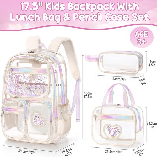 Fimibuke Clear Backpack - Heavy Duty PVC Transparent Design | 3-Piece Set with Lunch Box & Pencil Case