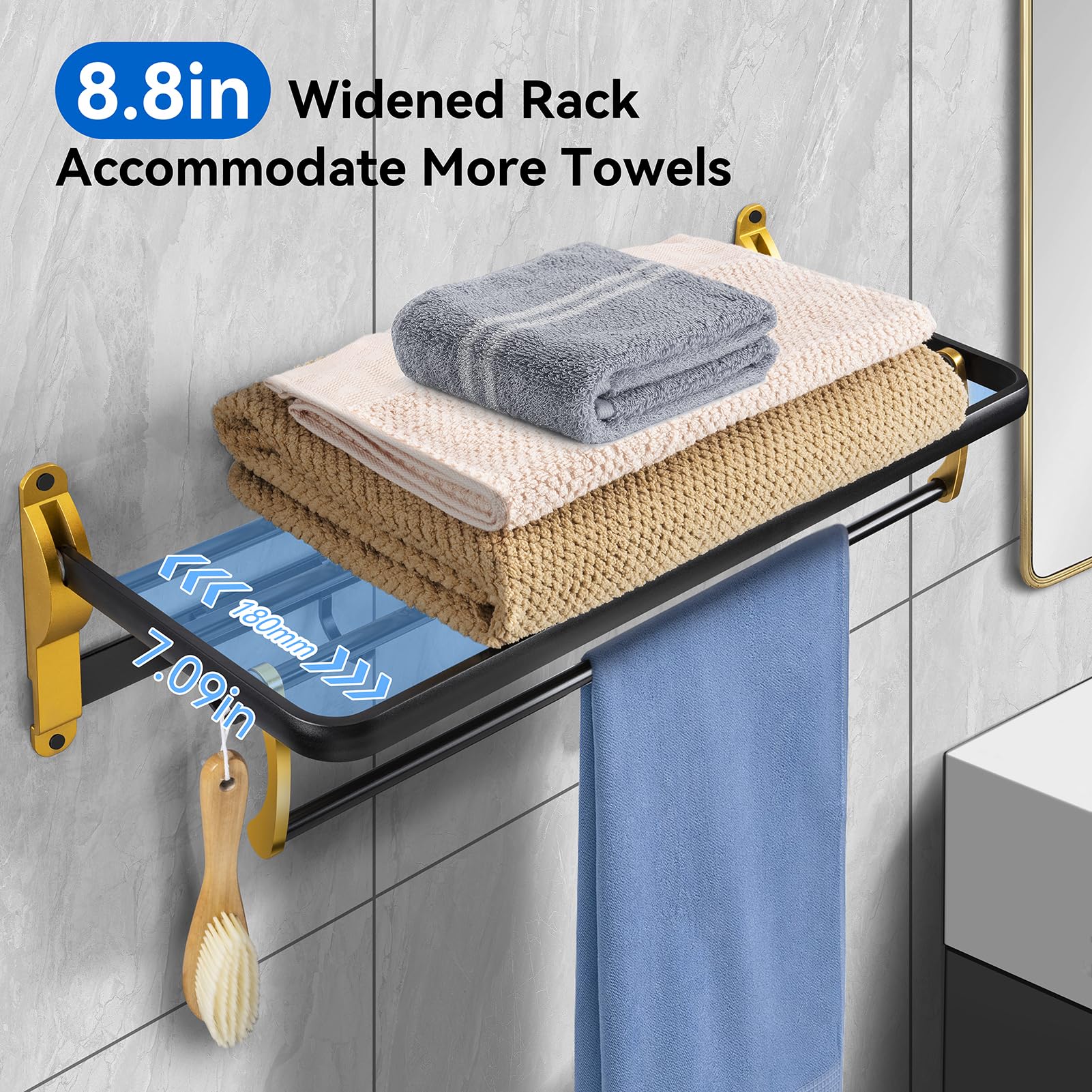 Towel Rack for Bathroom Wall Mounted, 22.8 Inch Foldable Towel Bar，Rustproof Sturdy Bathroom Towel Holder, No Assembly Needed ，Black Gold ﻿