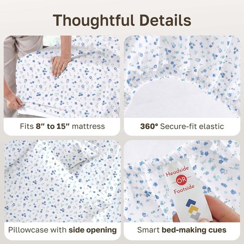 California Design Den Twin XL Cotton Sheet Set - 100% Soft, 400 Thread Count, Award-Winning Floral White/Blue Bedding
