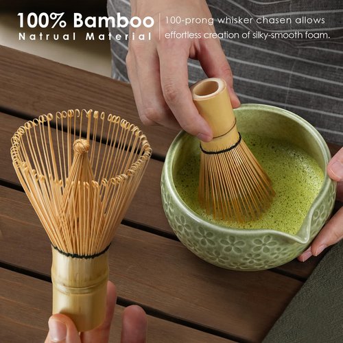 7Pcs Matcha Whisk Set, Ceramic Matcha Bowl with Spout, Bamboo Whisk&Holder,Bamboo Scoop,Scoop Rest,Sifter,Tea Towel, Matcha Kit w/Cherry Blossom Carved Patterns for Valentine's Day Gift