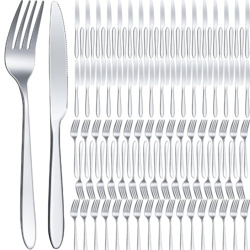 Nuenen 100 Pieces Stainless Steel forks and knives Dinner Flatware Set Tableware Cutlery for Butter Kitchen Restaurant, Dishwasher Safe(Silver,8.4 Inches, 7.1 Inches)