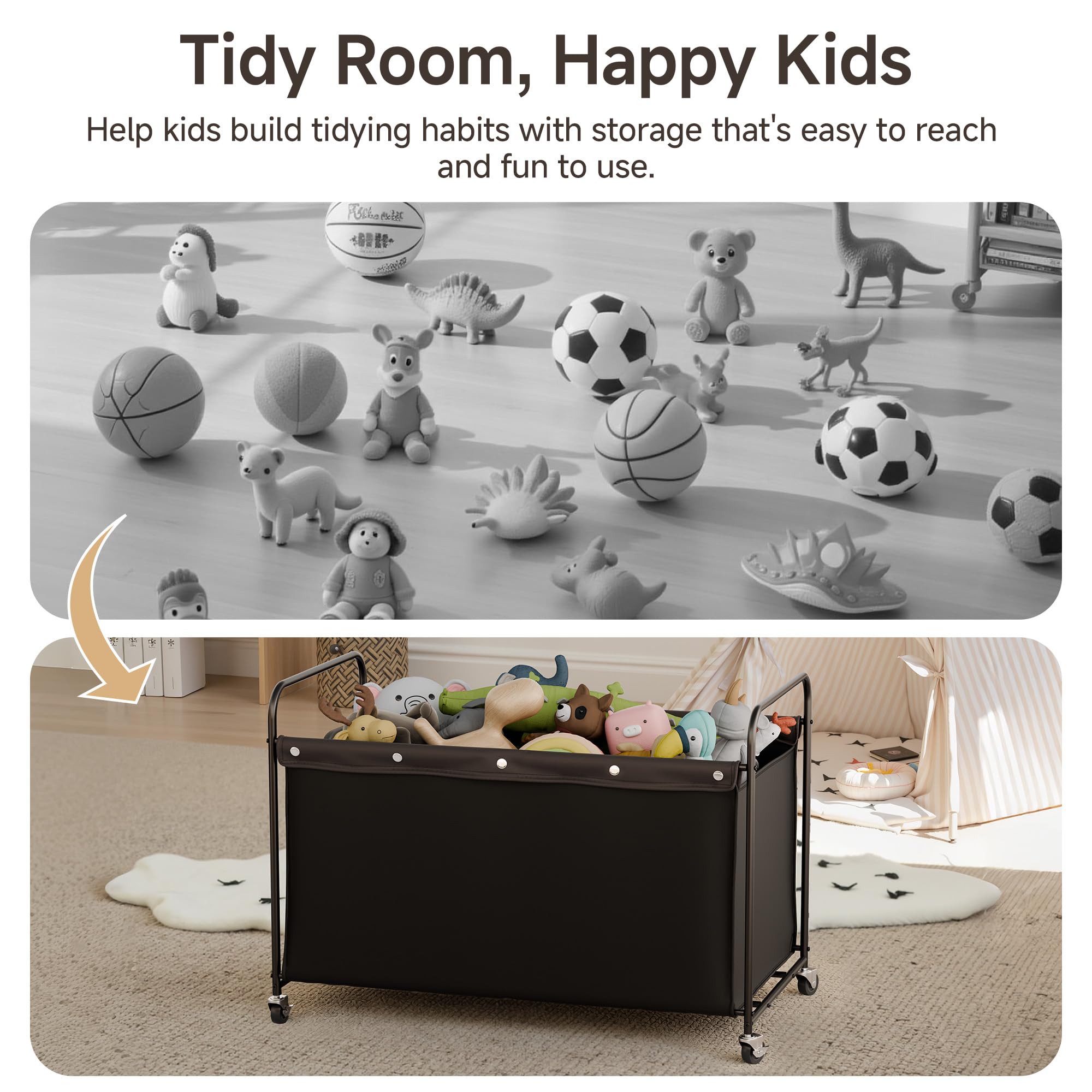 StorageWorks Toy Box with Wheels for Kids, 200L Extra Large Toy Storage Chest and Organizer, 27.5" Metal Toybox with 360° Swivel Wheels for Bedroom, Kids Room, Stuffed Animal Storage, Black