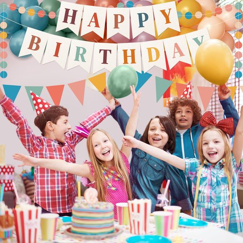 Kriyokiaa Retro Boho Happy Birthday Decorations Set with Groovy Rainbow Balloons, Happy Birthday Banner, Paper Flag, Circle Confetti Garland, Retro Birthday Party Decorations for Indoor Outdoor
