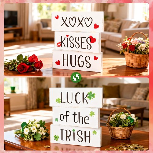 3Pcs Valentine's Day Decoration Reversible Wooden Table Centerpiece Blocks Double Sided Printing Valentine Day Hugs and Kisses Sign St Patrick's Wood Tabletop for Tiered Tray Shelf Office Desk Home Indoor