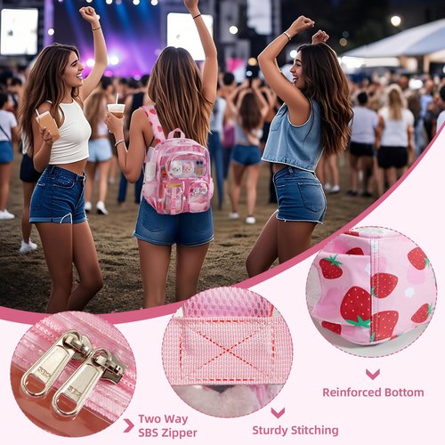 Unineovo Mini Clear Backpack for Stadium Approved 12x6x12, Small Transparent Backpacks Plastic See Through Clear Bag for Kids Grils Women for Sporting Event, Concerts, Work, Festival (Strawberry)