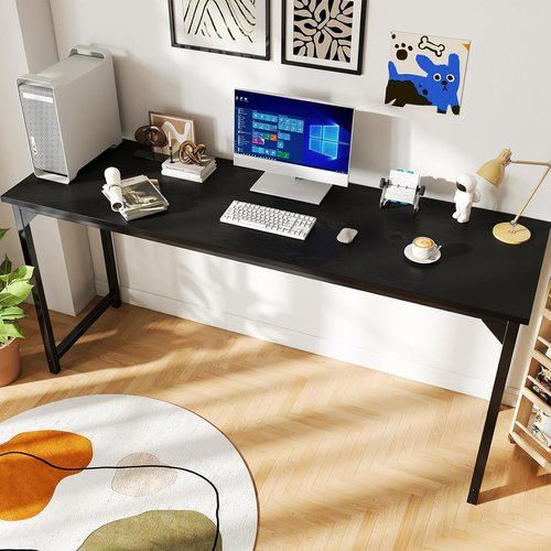 DUMOS 63-Inch Computer Desk - Modern Writing & Gaming Workstation with Metal Frame | Black Wood Finish