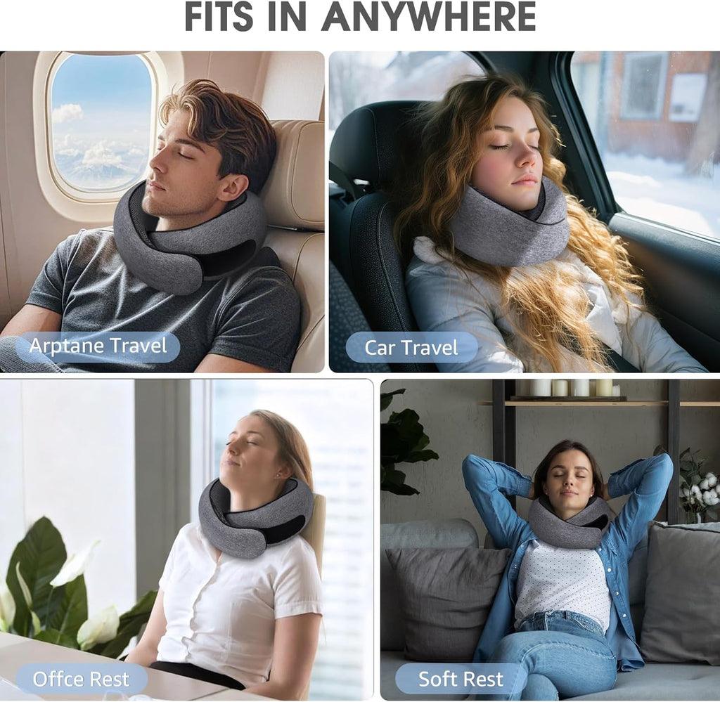 Skiennix Memory Foam Neck Travel Pillow - Ergonomic Comfort for Airplanes & Car Rides | Compact Grey Design