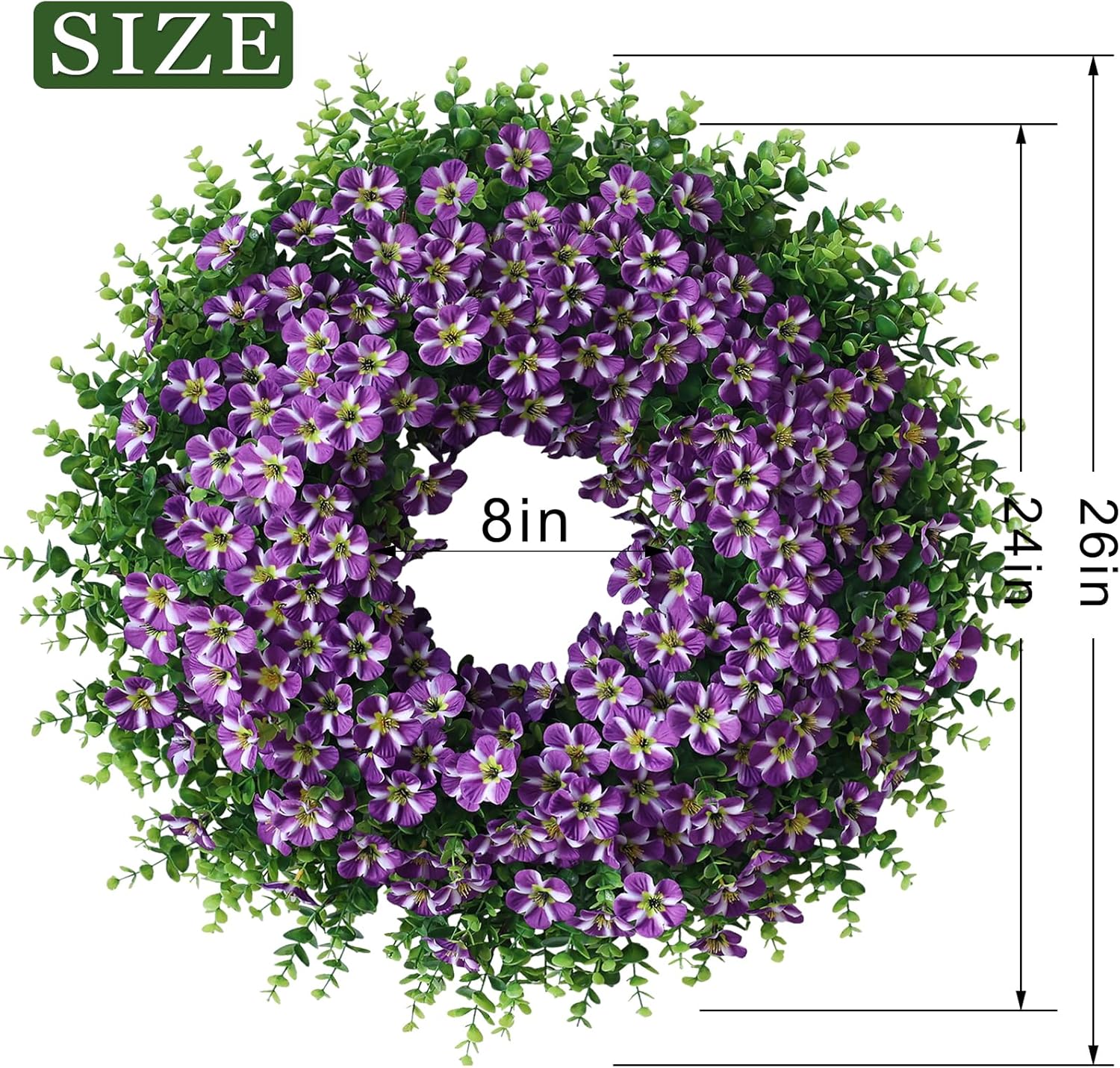 Skiennix 26" Large Artificial Eucalyptus Wreath - Realistic Faux Silk Morning Glory Flowers in Purple for Home, Farmhouse & Wedding Decor
