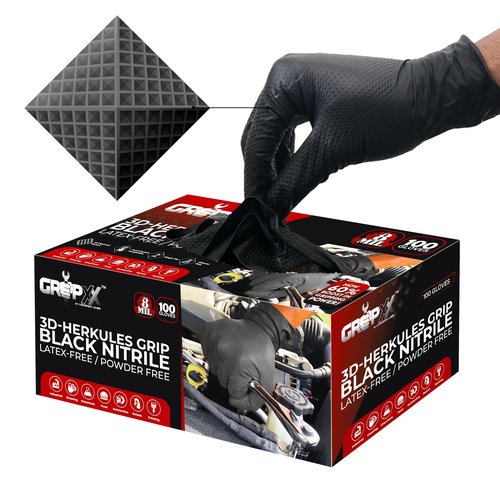 GRIPXX Herkules Grip Heavy Duty 8Mil Black Nitrile Gloves,3D Raised Diamond Texture-Latex & Powder-Free-Industrial, Mechanic (100, XX-Large)