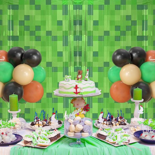 2 Pack Green Pixel Miner Foil Fringe Curtains - 3.3x6.6ft Video Game Birthday Photo Booth Backdrop, Metallic Door Streamers for Gamer Party Decorations & Room Wall Decor