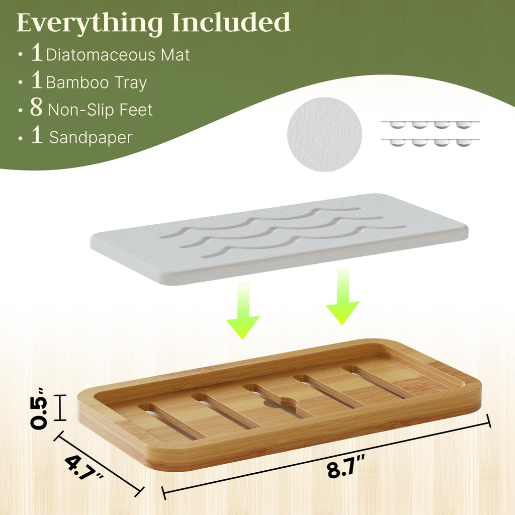 Water Absorbing Stone Tray for Sink, Kitchen Sink Caddy Organizer, Diatomite Bathroom Vanity Counter Tray, Soap Dispenser Sponge Holder, Fast Drying Stone Faucet Mat with Bamboo Tray
