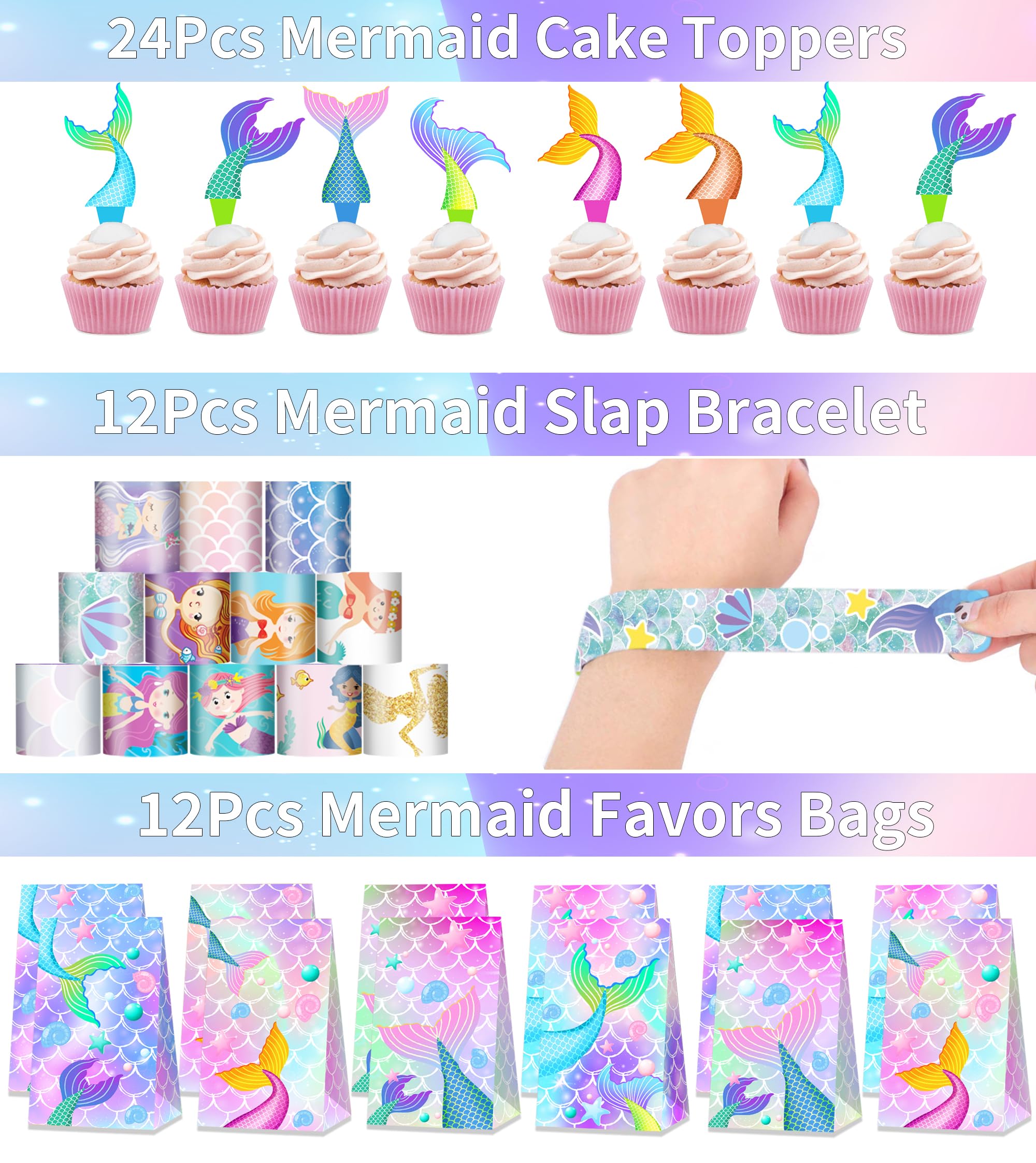 Rinfoeti 320PCS Mermaid Party Favors Birthday Decorations Supplies Kit with Goodie Bags, Bubble Wands, Straws, Masks, Stickers & More for 12 Guests