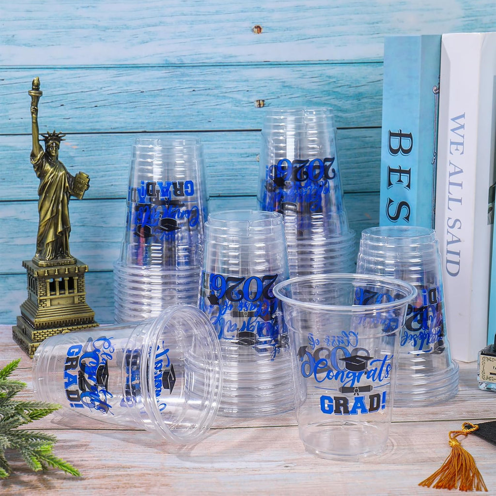 Whaline 50Pcs Graduation Plastic Cups - 12 Oz Clear Disposable Cups for Class of 2026 Party Decor