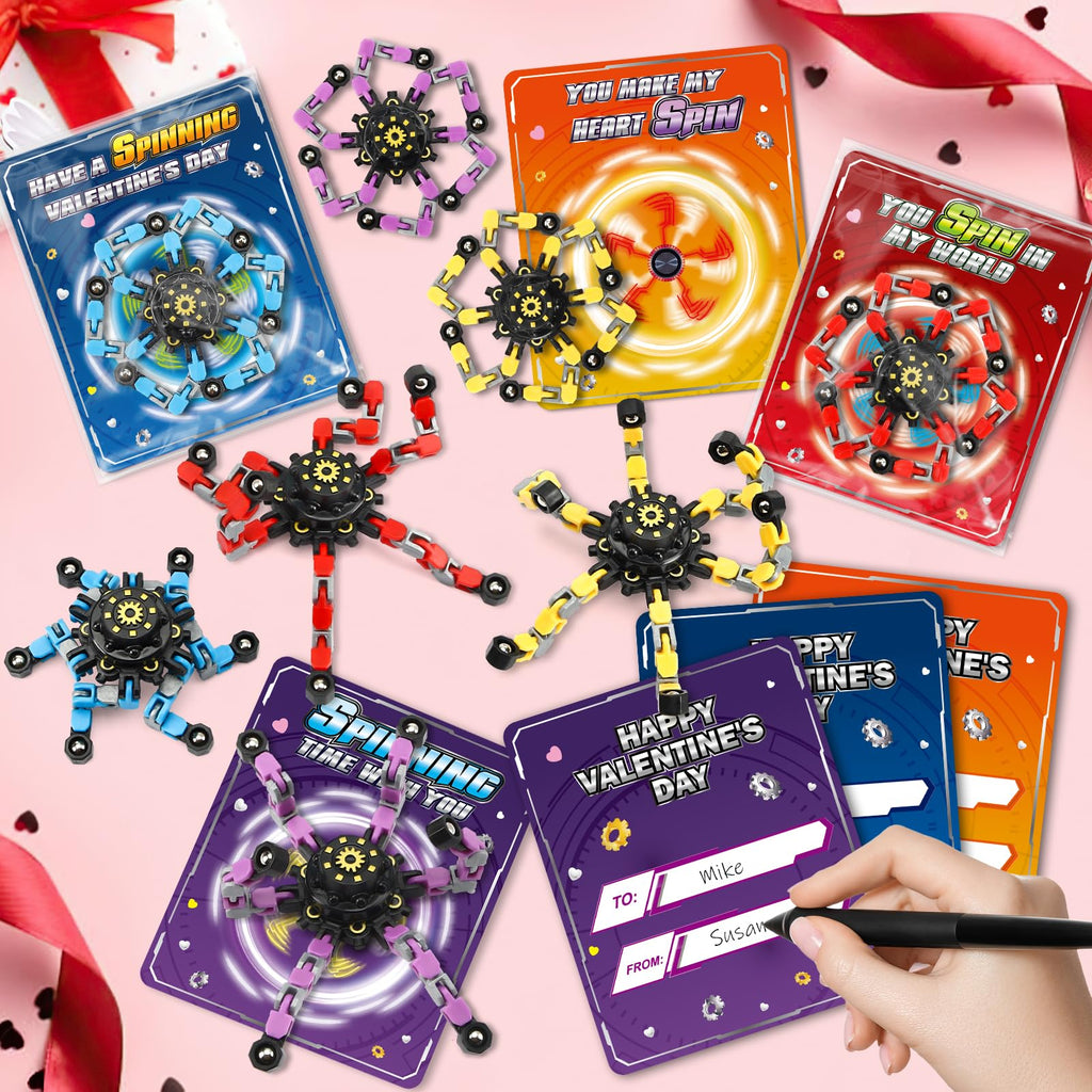 Valentines Day Cards for Kids School, 24 Pack Valentines Cards with Spinner Fidget Toys, Deformable DIY Robot Finger Toy Gifts for Kids Classroom Exchange, Valentines Party Favors Prizes for Kid