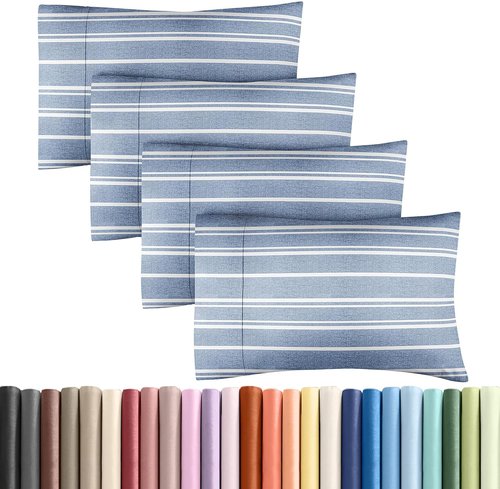 King Pillow Cases by Hotel Luxe - Ultra Soft, Wrinkle-Free & Fade Resistant - 4 Piece Set in Blue Stripes