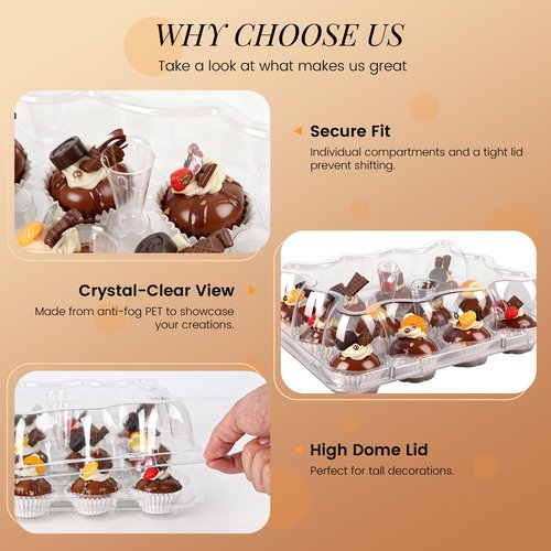 LOKQING 12 Count Mini Cupcake Containers 20 Sets with 240 Pack Cupcakes Liners, Plastic Cupcake Holder, Stackable Mini Cupcake Boxes Carrier, Clear Disposable Cupcake Trays, High Dome