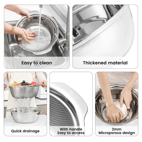 304 Stainless Steel Microporous Colander with Handle, Rice Washers Microporous Strainer Set For washing vegetables, fruits and rice, and draining cooked pasta(5QT with handle-Gold)