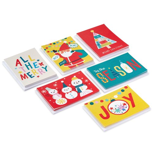 Hallmark Festive Fun Boxed Christmas Card Assortment (36 Cards and Envelopes) Red, Green, Yellow, Snowmen, Santa