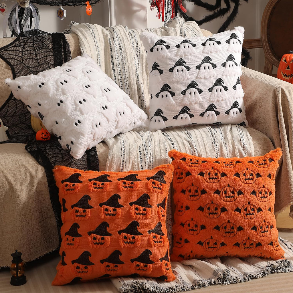 multiwins Halloween Decorations Set of 2 Double-Sided Halloween Pillow Covers 18" x 18", with 2 Different Looks, Cure White Ghost & Ghost with Hat, Plush Faux Fur Throw Pillow Covers for Home Decor