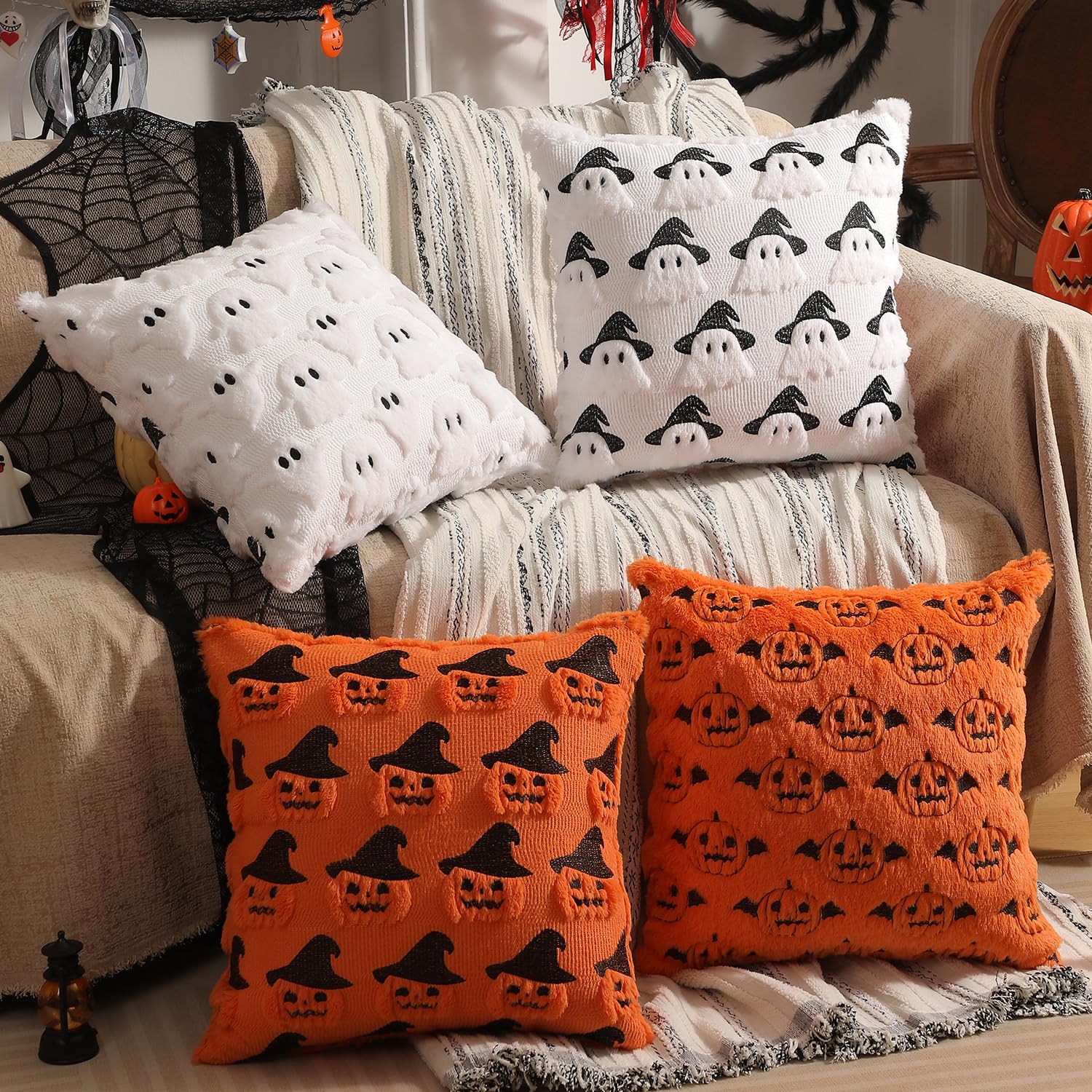 multiwins Halloween Decorations Set of 2 Double-Sided Halloween Pillow Covers 18" x 18", with 2 Different Looks, Cure White Ghost & Ghost with Hat, Plush Faux Fur Throw Pillow Covers for Home Decor