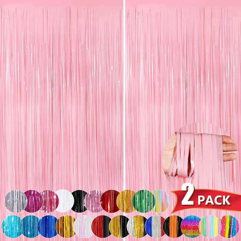 Skiennix Pastel Pink Metallic Tinsel Foil Fringe Curtains - 2 Pack 3.3x8.3 Feet Backdrop for Events