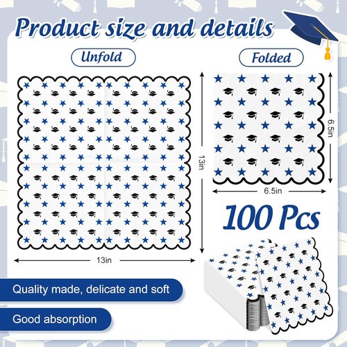 FYSUIMU Graduation Cap Paper Napkins - 100 Pcs Scalloped Disposable Dinner Napkins | Black & Blue Design for Graduation Parties