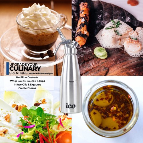ICO 1 L (1 Quart) Professional Stainless Steel Whipped Cream Dispenser for Homemade Whipping Cream, Whipped Cream Dispenser for Desserts, Dips, Sauces, and Infused Oils & Liquors