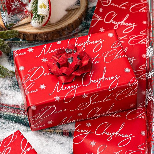 MAYPLUSS Christmas Wrapping Paper Roll - 17" x 33ft - Reversible Red & White Snowflakes for Holiday Gifts