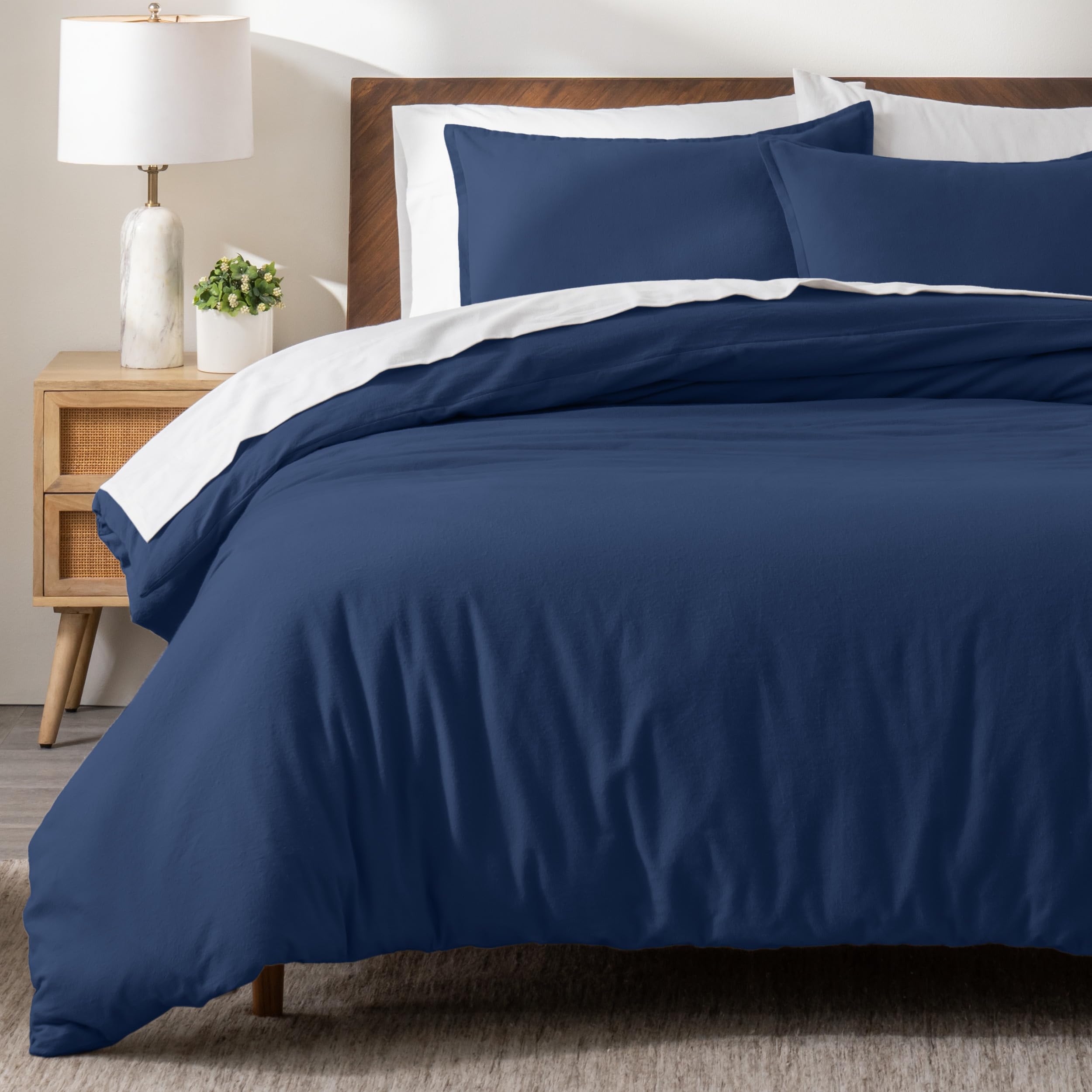 Bare Home Flannel Duvet Cover Set - Queen - 100% Cotton, Velvety Soft Heavyweight Premium Flannel, Double Brushed - Includes Sham Pillow Covers (Queen, Dark Blue)