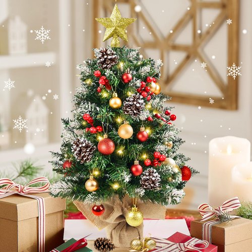Mini Christmas Tree with Lights, 24 Inch Tabletop Christmas Tree with Berries Star Treetop Ornaments Balls Artificial Small XMS Tree for Table Desk Home Christmas Holiday Decor