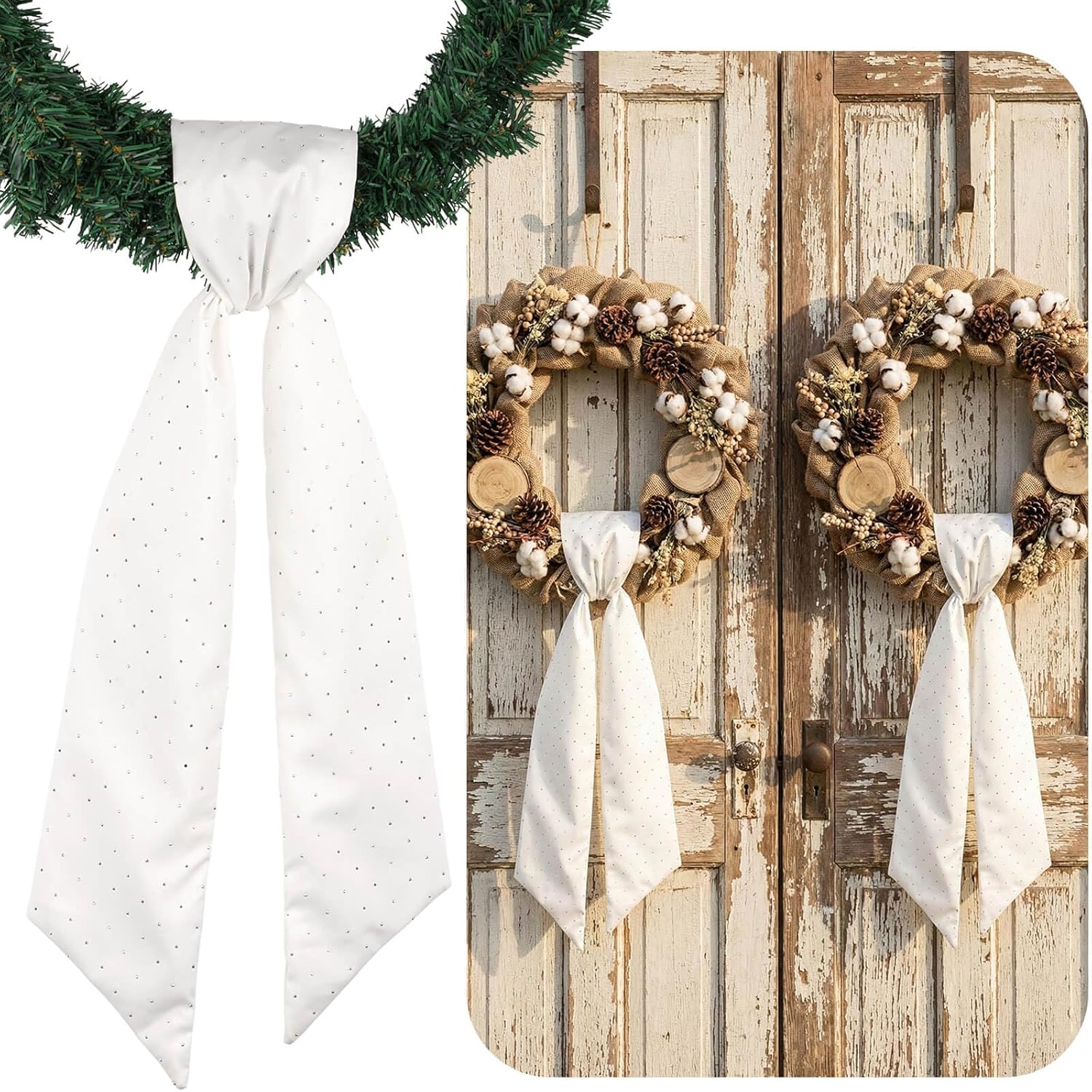 YKW Rhinestone Wreath Sash - 2 Pack White Sparkle Ribbon for Christmas & Wedding Decor | 54x5 Inch