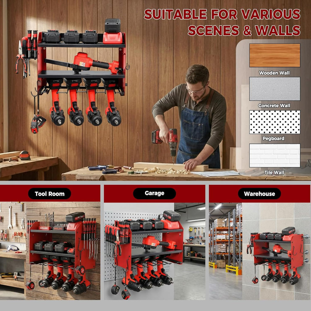 Power Tool Organizer by [Brand Name] - Heavy Duty Wall Mount with Charging Station | 3-Layer Storage & 4 Drill Holders