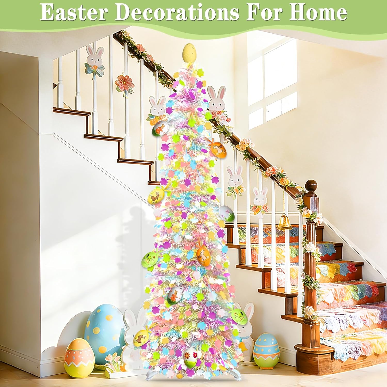 Skiennix 5Ft Lighted Easter Tree - 50 LED Warm White Lights & Colorful Eggs | Battery Operated, Collapsible Design for Home & Party Decor