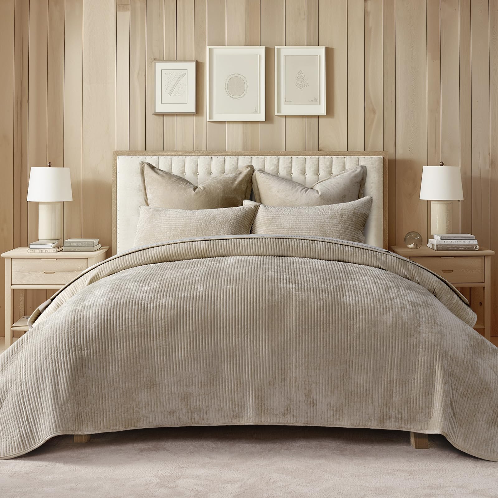 EverGrace Velvet Quilt Set Queen Size, Luxurious Soft Quilted Bedding Sets, Lightweight Velvet Comforter for All Season, Striped Channel Bedspread Coverlet with 2 Shams, Urban Taupe