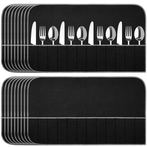 Hillban 18 Pcs Anti Tarnish Silver Storage Bags Silver Storage Cloth Felt Flatware Organizer Anti Tarnish Protector Bags Place Setting Roll with White Ribbon for Kitchen Cutlery (12 Slots,Black)
