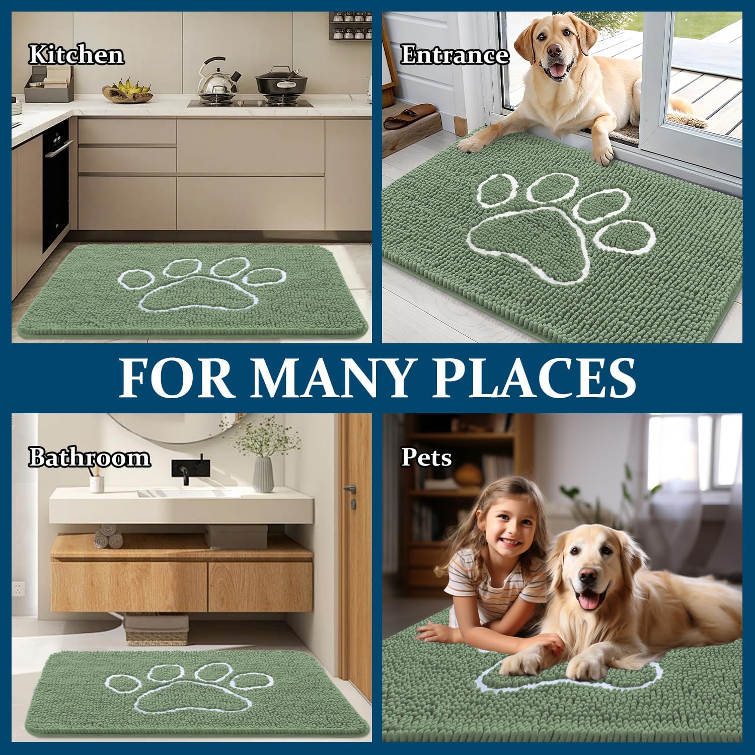 OLANLY Dog Door Mat - Muddy Paws Absorbent Doormat | Non-Slip Chenille, 30x20, Olive Green & White