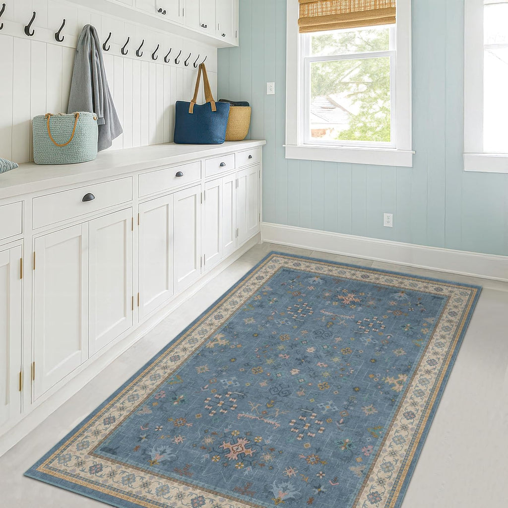 Washable Blue Rugs - 3x4 Indoor Throw Rug for Kitchen, Bedroom, Bathroom | Non-Slip, Fade-Resistant Design