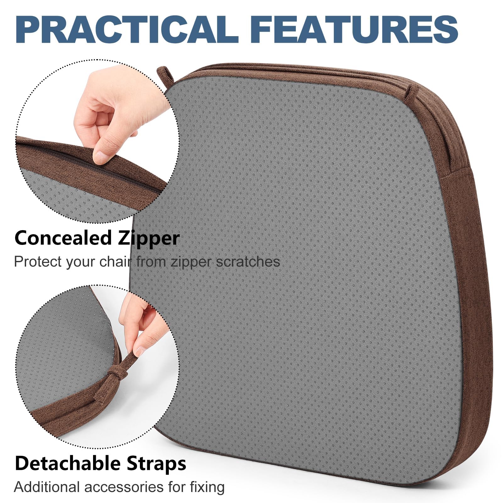 Shinnwa Dining Chair Cushions Set of 4, Non-Slip Kitchen Chair Cushions with Detachable Straps and Machine Washable Cover, 4 Pack, 17x16x2in, Brown