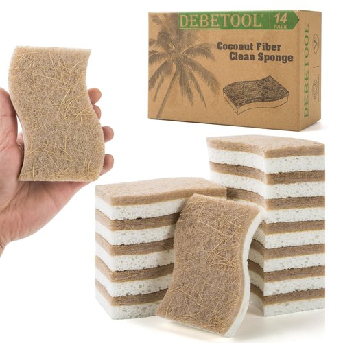 DEBETOOL 14Pack Natural Kitchen Sponge, Eco-Friendly Dish Sponge for Kitchen - Biodegradable Cellulose and Coconut Scrubber - Household Cleaning Sponge for Dishes, White