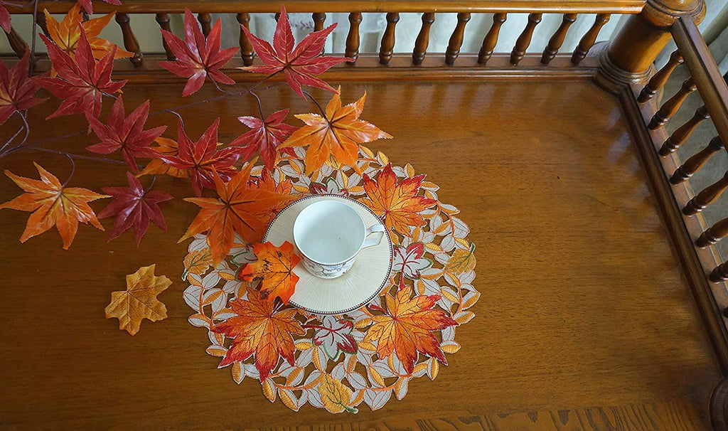 GRANDDECO Thanksgiving Harvest Table Runner Embroidered Cutwork Maple Leaves Dresser Scarf Table Cover Autumn Or Fall Decorations (Placemat 14" Set of 2)