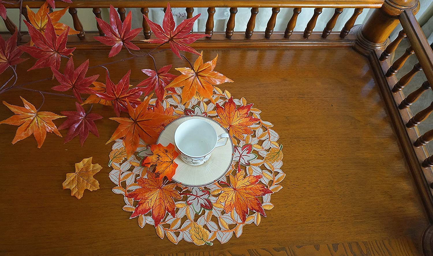 GRANDDECO Thanksgiving Harvest Table Runner Embroidered Cutwork Maple Leaves Dresser Scarf Table Cover Autumn Or Fall Decorations (Placemat 14" Set of 2)