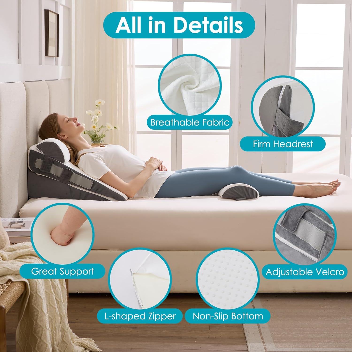 Skiennix Wedge Pillow Set - Adjustable Memory Foam for Acid Reflux Relief | 3-Piece White & Grey