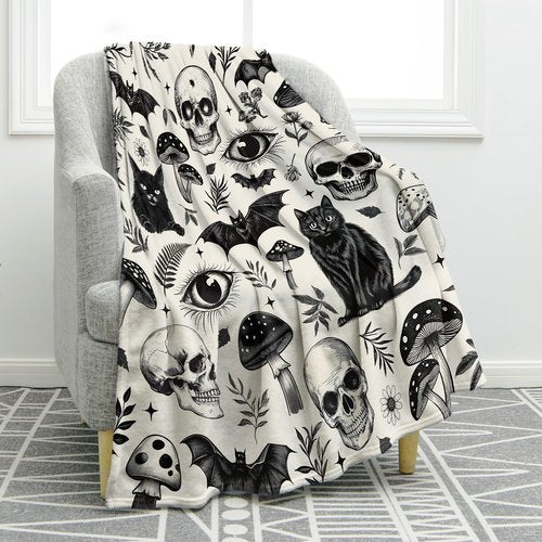 Jekeno Gothic Skull Blanket Cat Bat Mushroom Gifts for Women Men Kids Girls Boys Mom Wife Husband Dad Halloween Birthday Christmas Skeleton Horror Dark Presents Home Bedroom Room Decor Throw 50"x60"