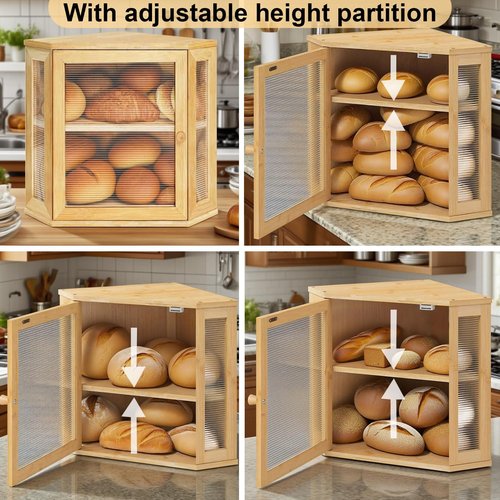 Nykgola Corner Bread Box for Kitchen Countertop Two-Tier Large Capacity Bread Boxes Storage Container with Adjustable Height Countertop Bread Storage Bin