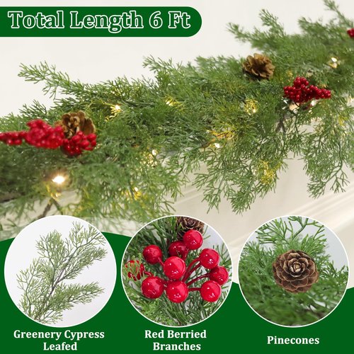 Prelit & Timer - 6 Ft Real Touch Christmas Cedar Garland with Lights, Lighted Christmas Garland for mantle Table Holiday, Soft Greenery Pine Cypress Garlands Pinecone Berry Battery Operated Xmas Decor