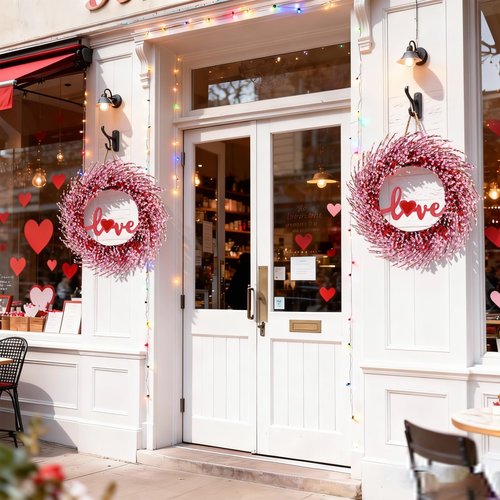 NAHUAA Pink Valentine Wreaths 20 Inch Berry Valentines Day Wreath Pink Wreaths for Front Door Heart Wreath with Sign Love for Spring Table Window Wedding Decor