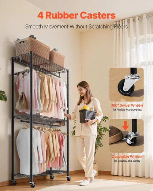 VEVOR Rolling Clothes Rack, Heavy Duty Clothing Garment Rack, 3 Adjustable Tiers Clothing Racks with Carbon Steel, 450 lbs Load Capacity Closet Wardrobe for Bedroom, Clothing Store, Hallway