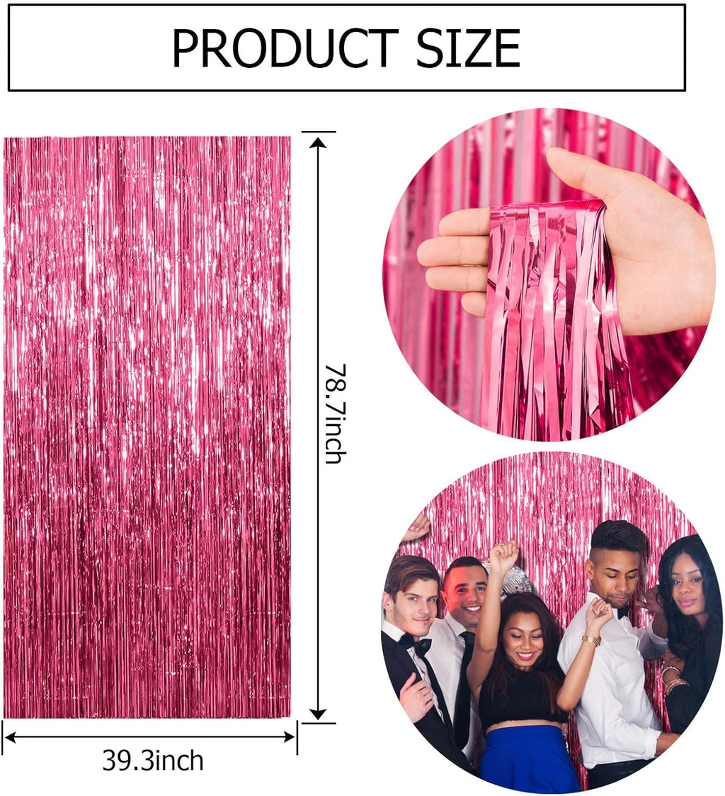Skiennix Pink Tinsel Curtain Backdrop - 2 Pack Foil Fringe Decorations for Parties & Photo Booths