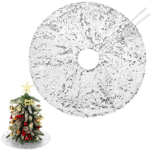 Hanaive 15 Inch Christmas Mini Tree Skirt Small Sequin Tree Skirt for Christmas Pencil Slim Small Trees Decoration Bar Hotel Holiday Decor(Silver)