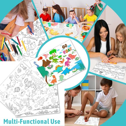 500 Pcs Coloring Activity Placemats 5 Themed Coloring Activity Sheets Paper Mat Bulk 14.2"x10.2" Disposable Dining Table Paper Placemat for Kids DIY （Animals,Sea,Planets,Dinosaurs,Train&Animals）